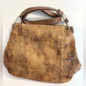 Egyptian Hieroglyphic Embossed Shoulder Bag - Tan/Cognac - Multi-Pocket NEW